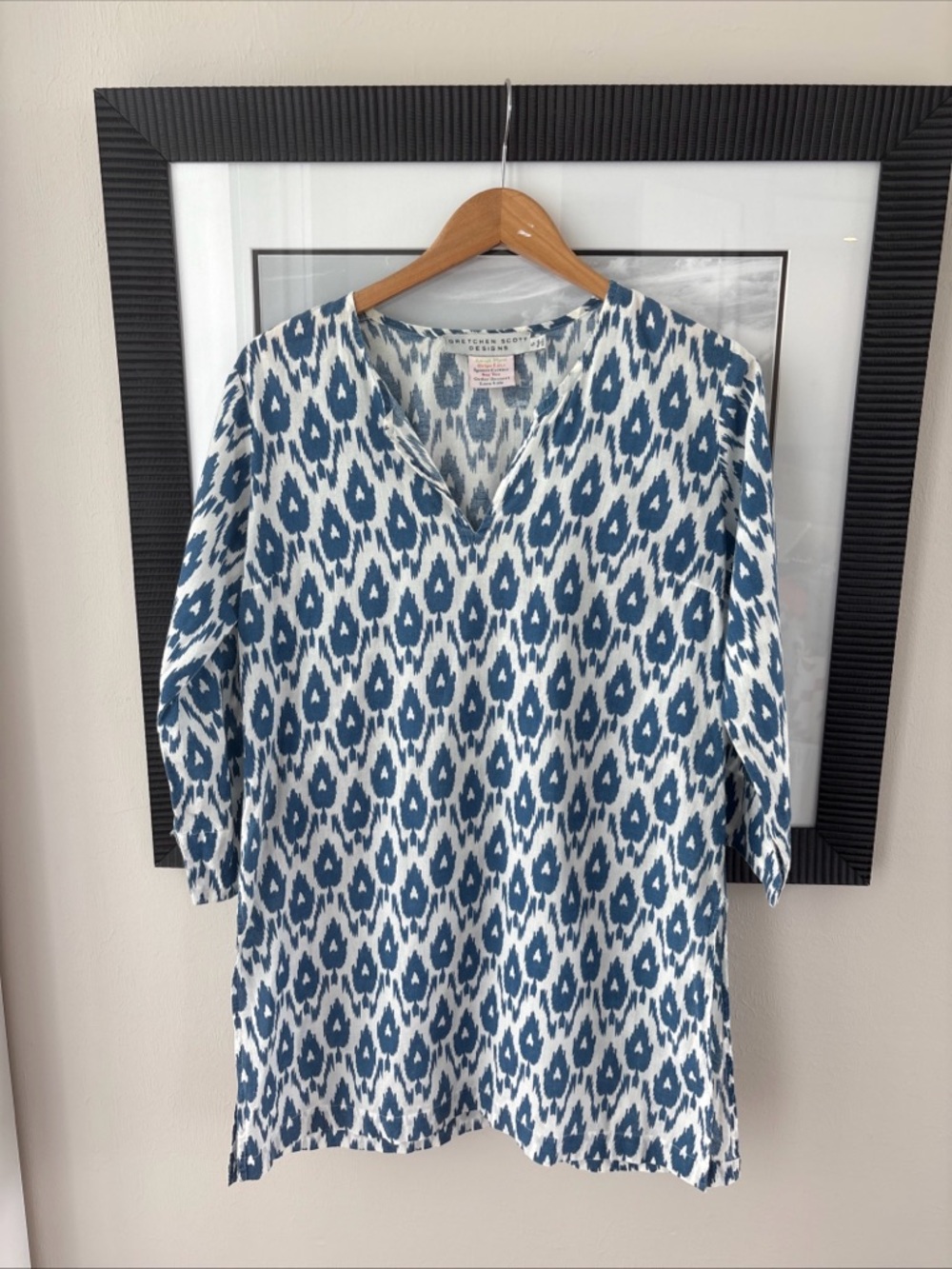 Gretchen Scott Blue White Ikat Tunic Top Size S